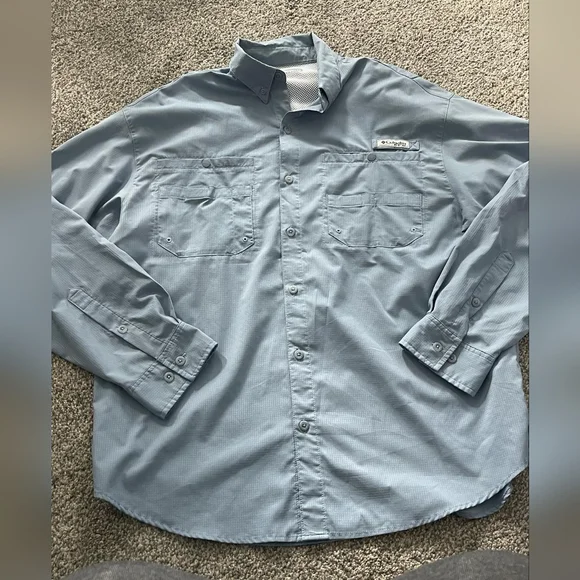 Columbia Mens Powder Blue Pfg Upf Button Up Long Sleeve Shirt Size Large - Picture 2 of 7
